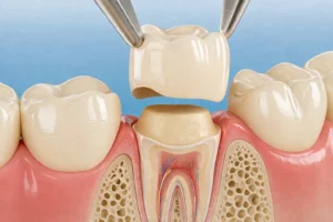 Close-up 3D dental illustration of a crown being placed over a prepared tooth, showing a cross-section with inner tooth structure, surrounding gums, and bone against a clean blue clinical background.