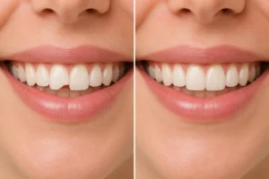 Before and after dental bonding showing a chipped front tooth restored with natural-looking composite resin for a seamless smile.