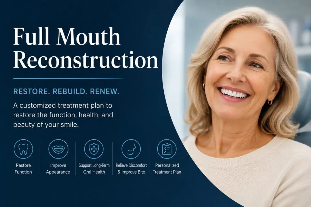 Full mouth reconstruction treatment to restore damaged teeth, improve oral function, and support a healthy, natural-looking smile.