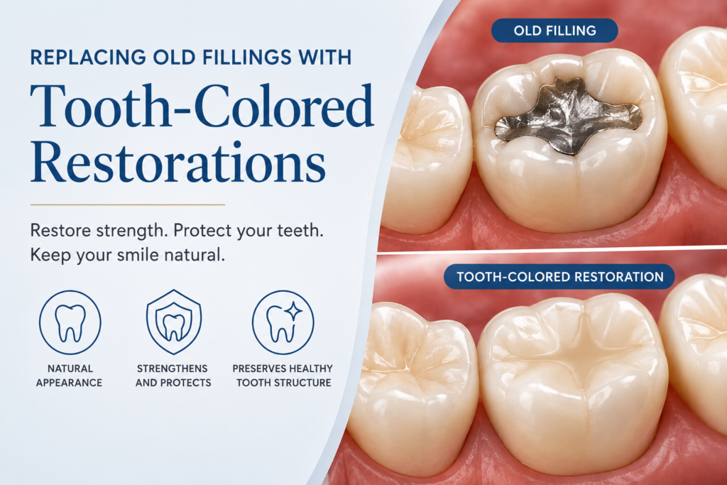 Dental illustration comparing an old metal filling with a natural-looking tooth-colored restoration, highlighting the benefits of restoring and protecting damaged teeth